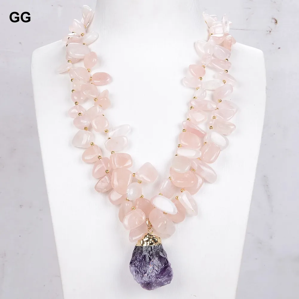 GG Natural Rose Quartz Gems Stone Geode Purple Amethyst Pendant Necklace For Women