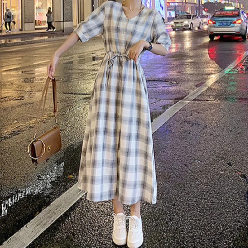 Dresses Women Summer High Street Plaid Students Fashion Korean Style  Ankle-length Button Female Hipster Slim Ulzzang Vintage Ins - AliExpress  200000345