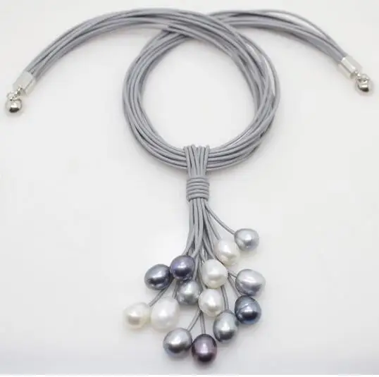 

Natural Hot sale wholesale 12mm Real White Black Gray Freshwater Pearl Necklace Leather Cord Magnet Clasp