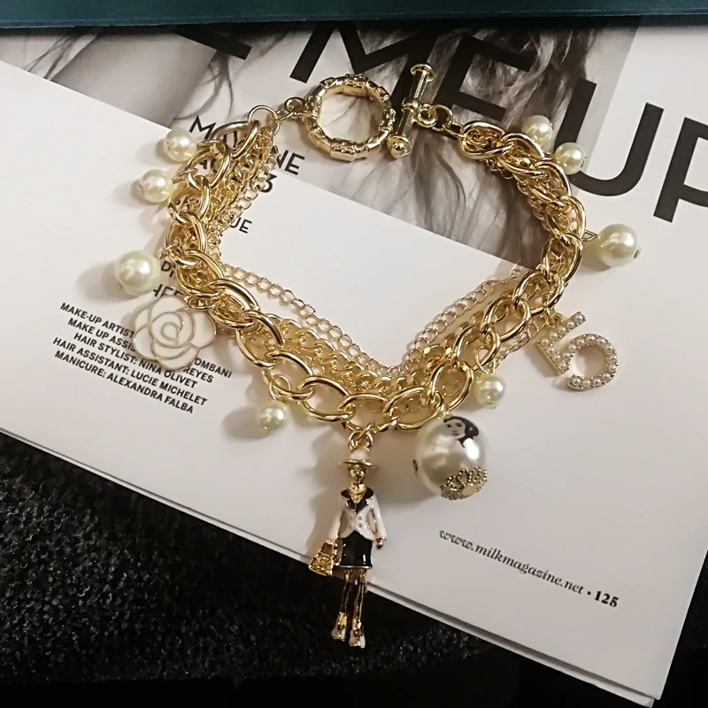 korean design style crystal five chain bracelet for women pearl flower bracelet jewelry