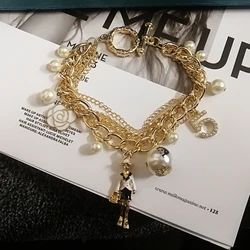 korean design style crystal five chain bracelet for women pearl flower bracelet jewelry