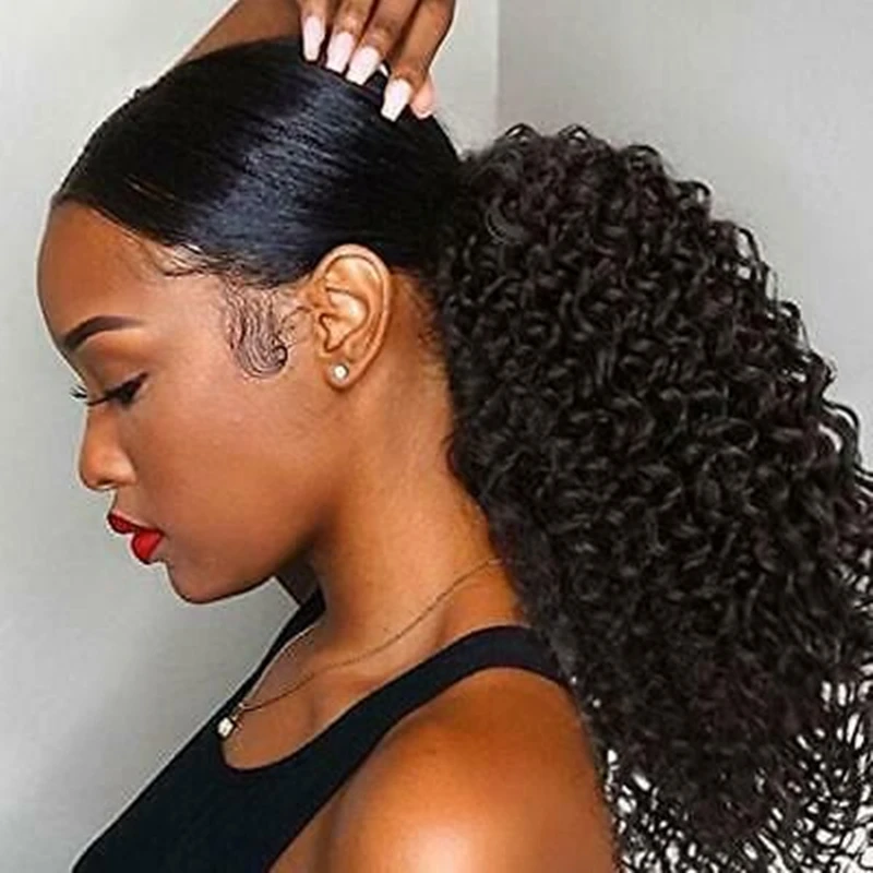 

Kinky Curly Ponytail For Women Brazilian 3B 3C Natural Black Clip In Ponytails Human Hair Extensions Remy