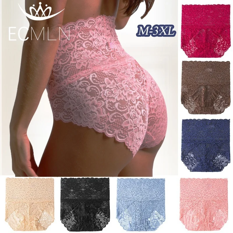 Calcinha de renda de cintura alta feminina, cuecas florais transparentes, cuecas sem costura, lingerie monocromática, moda íntima, tamanho grande,