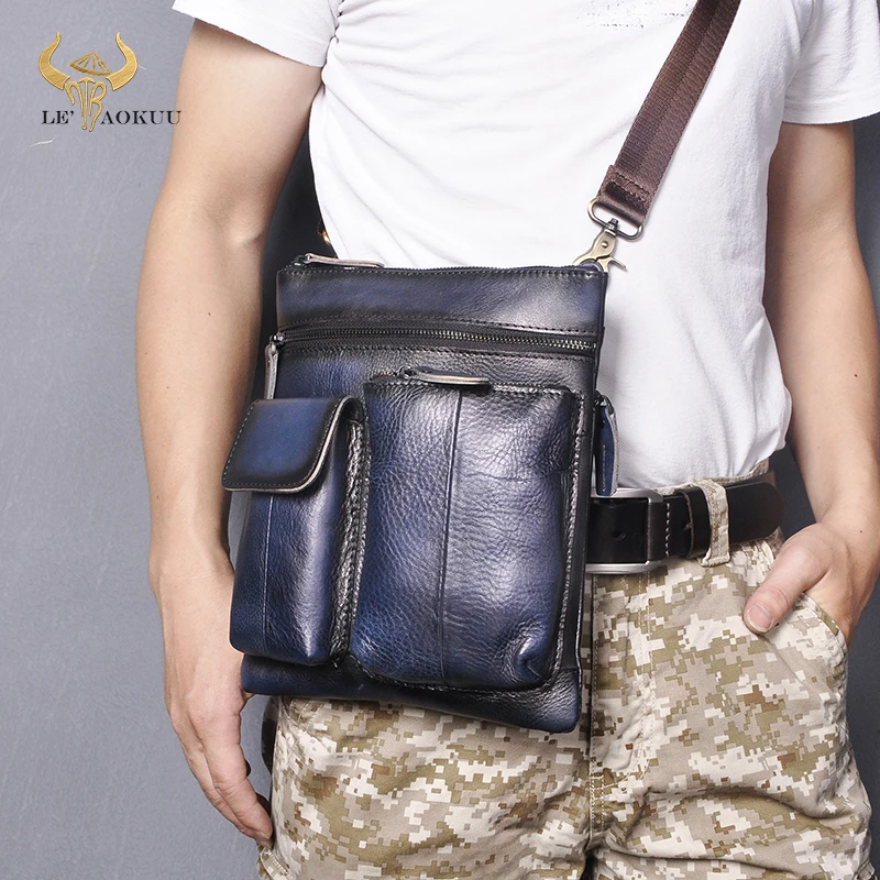 Real Leather Male Casual Design School Fashion Blue Messenger Crossbody bag Fashion School Book Tablet Satchel bag Men 308