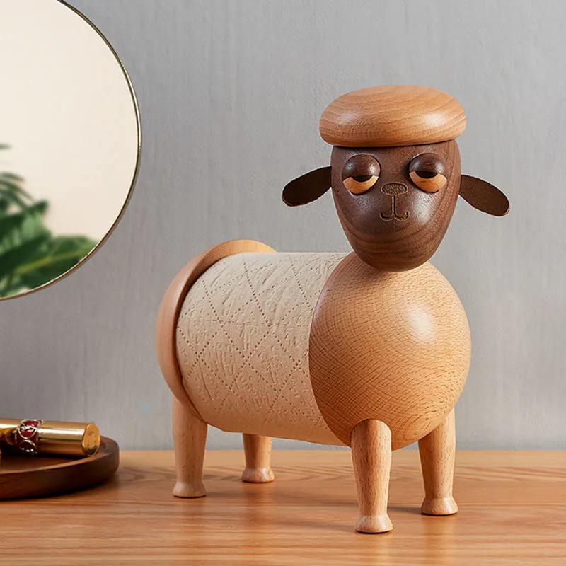 

YI CC Wooden Art Creative Home Gift Cartoon Sheep Paper Towel Rack Solid Wood Household Tissue Box Living Room Office