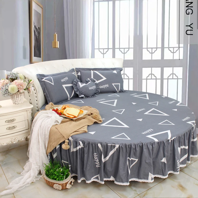 Grey Color Geometric Style Ruffle Round Bed Cotton Home Bedding 4pcs Set King Size 2-2.5m Round Bed Dress Comforter Cover Sets