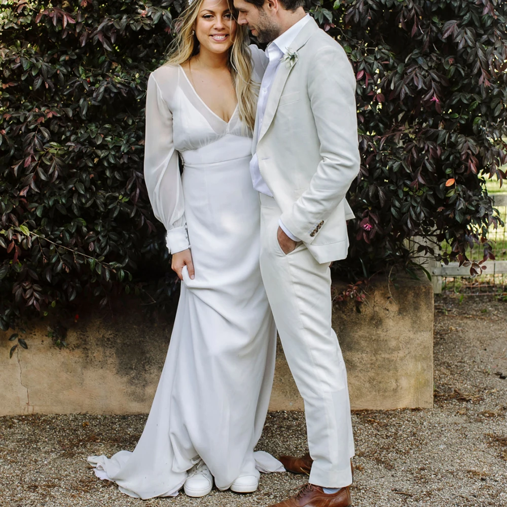 Vestido de novia de gasa de corte en A con cuello en V, mangas largas nupciales, de talla grande, hecho A medida, Simple, playa, elegante, ilusión de espalda dividida, 2021