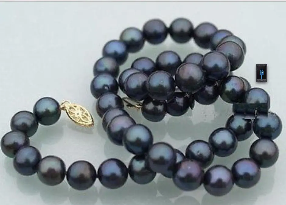 

stunning round8-9mm tahitian black blue pearl necklace 18inch 14k/20