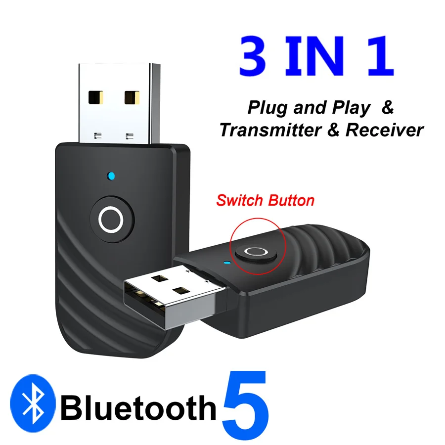 USB Bluetooth 5.0 Thiết Bị Thu Phát Adapter 3 Trong 1 AUX 3.5Mm Cắm Cho Tivi PC Tai Nghe Nhà stereo Xe Hơi Âm Thanh HIFI