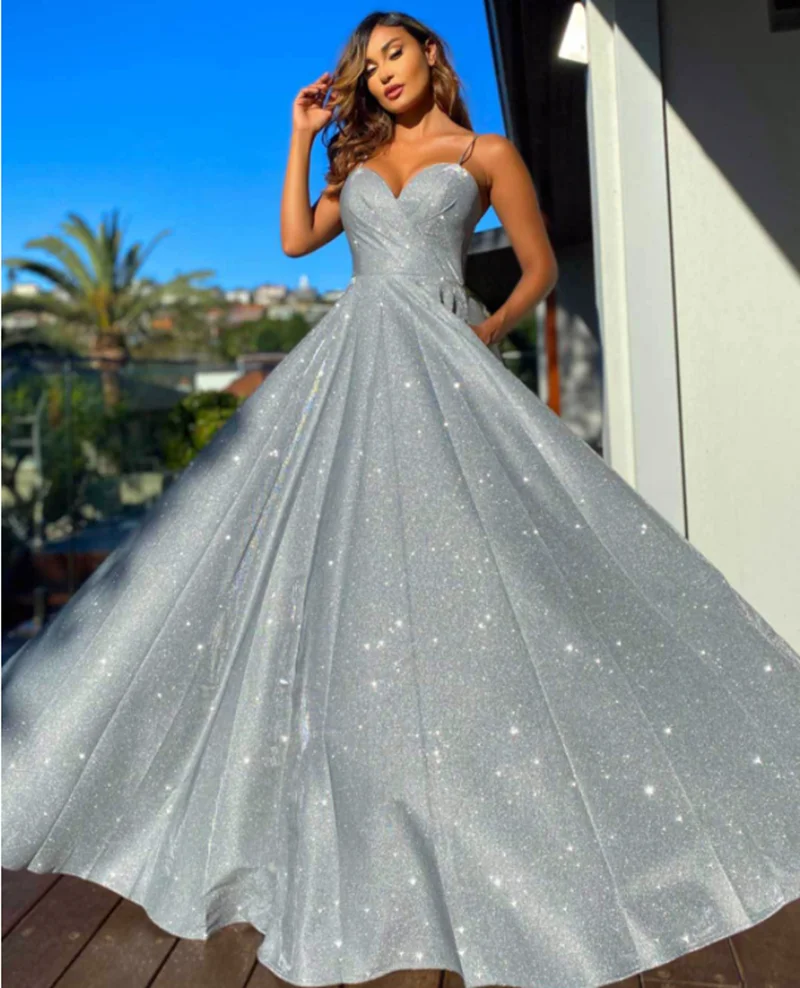 Sexy Suspenders Sequined Party Dresses Big Swing Dress Simple Evening Prom Gowns فساتين السهرة robe de soirée femme вечернее