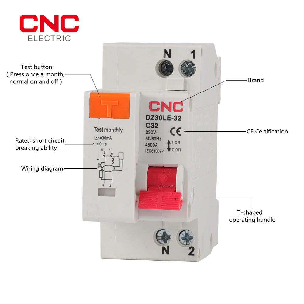 CNC DZ30LE-32 1P+N MCB RCBO 230V Residual Current Circuit Breaker with Over and Short Current Leakage Protection