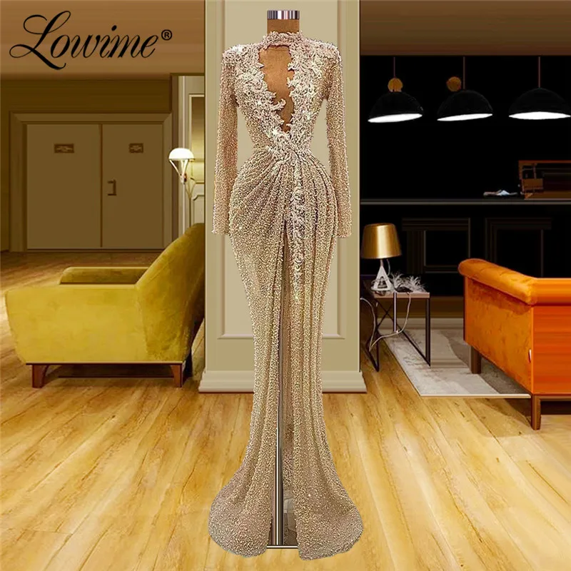 Lowime Beading Light Champagne Long Sleeves Evening Dresses 2021 Mermaid Custom Made Applique Plus Size Arabic Party Gowns Robes