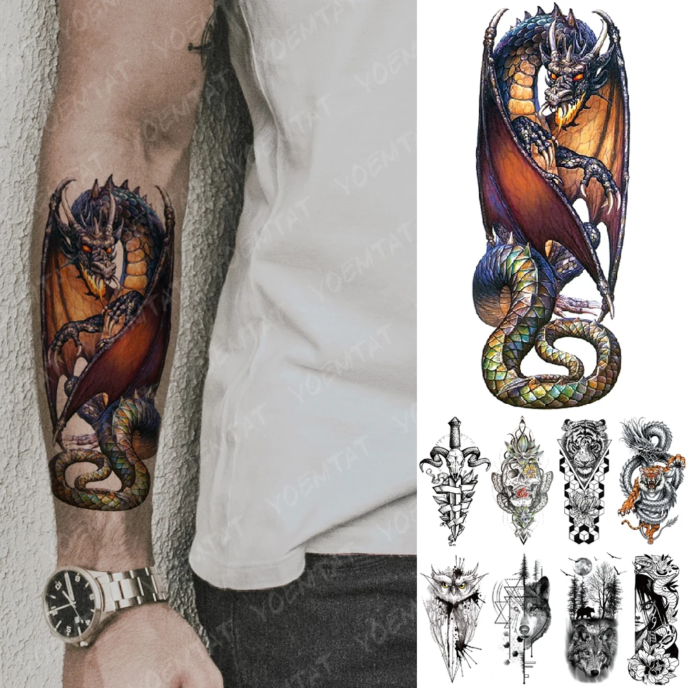 Autocollant de tatouage temporaire étanche Dragon Knight Spitfire, faux tatouages Flash, tigre, hibou, loup, bras d'art corporel, pour femmes et hommes