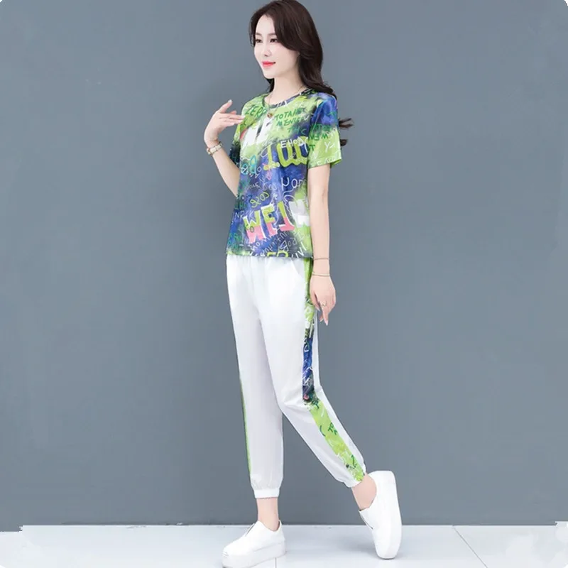 Uhytgf Trainingspak Womens 2022 Fashion Printing Ice Silk Comfortabele Zomer Twee Delige Set Koreaanse Casual Big Size Sets Vrouwelijke 1702