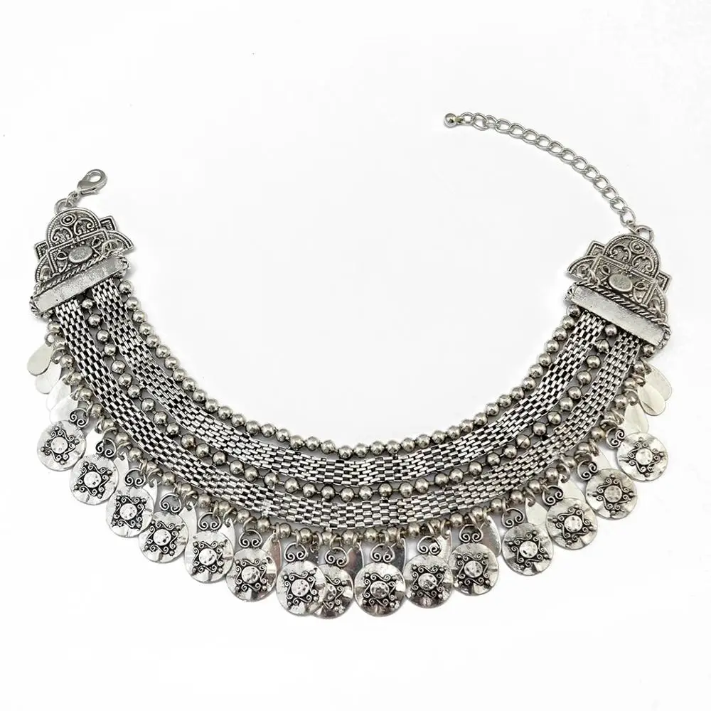 Afghan Vintage Tribal Silver Color Statement Collar Choker Bib Necklace Earring Jewelry Sets Indian Short Chain Coin Necklaces