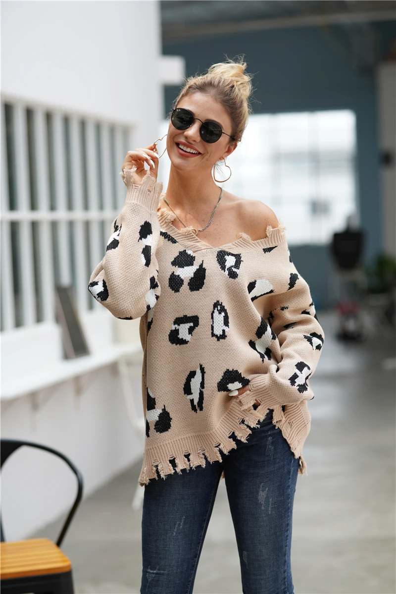 H80&S90 New Women Ripped V-Neck Leopard Knit Sweater Fall And Winter Long Sleeve Sexy Jumpers Fashion Sweaters Pullover Tops