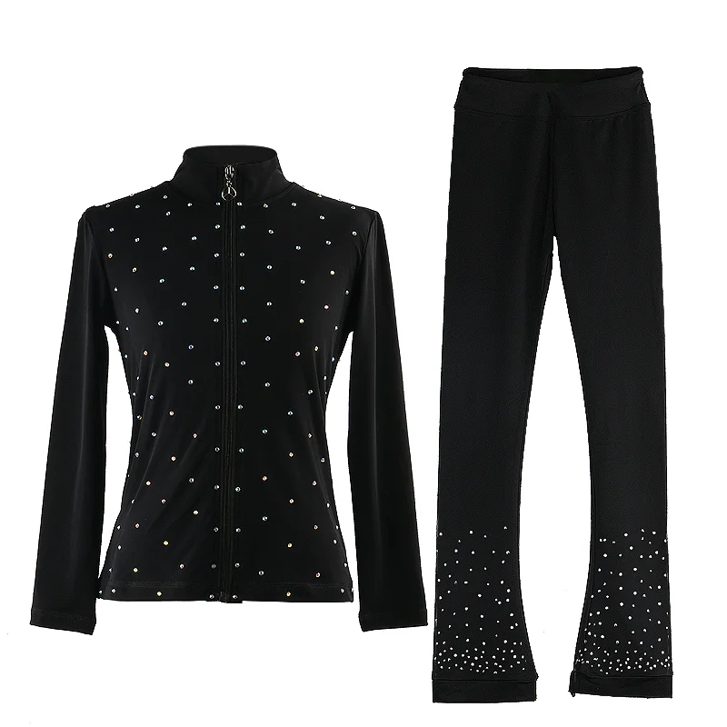 Figure Skating Dress Practice Suit Jacket Pants Trousers Girls And Women Ice Skate Dressing Tight Pants Black With Rhinestones