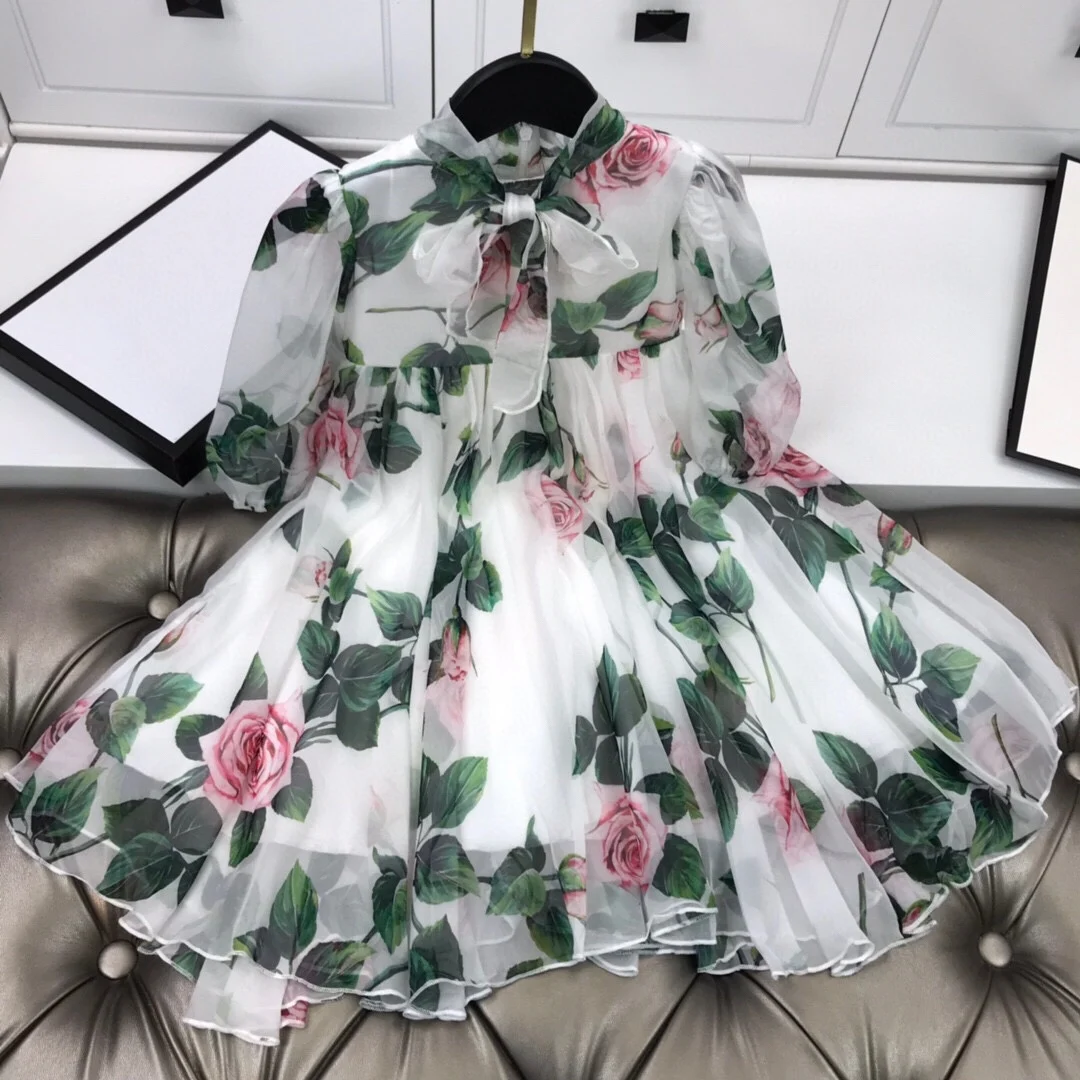 Baby girl fashion print dress spring summer new Flower party dress kids Birthday dress Rose Flower Chidlren Dress 2-14y wz153