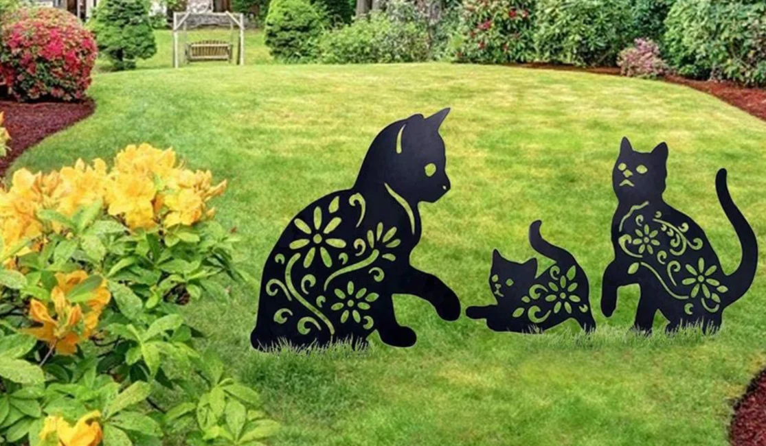 2D Cat Art Outdoor Kitten Metal Statue Peg Figure Ground Insert Decor For Yard Decor Gift Manor Lawn Black Garden Decoration