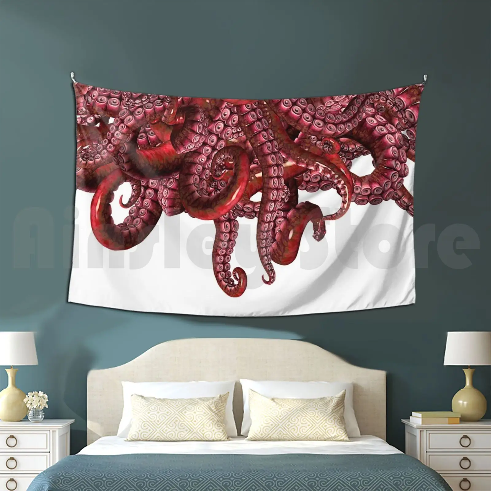 Suckers In Red Tapestry Living Room Bedroom Tentacle Worm Tentacles Worms Octopus Squid Cuttlefish