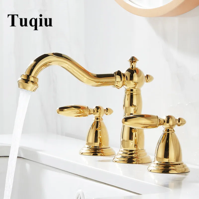 Tuqiu Basin Faucet Brass Gold Widespread Bathroom Faucet Antique Sink Faucets 3 Hole Hot And Cold Water Faucet Tap Pop Up