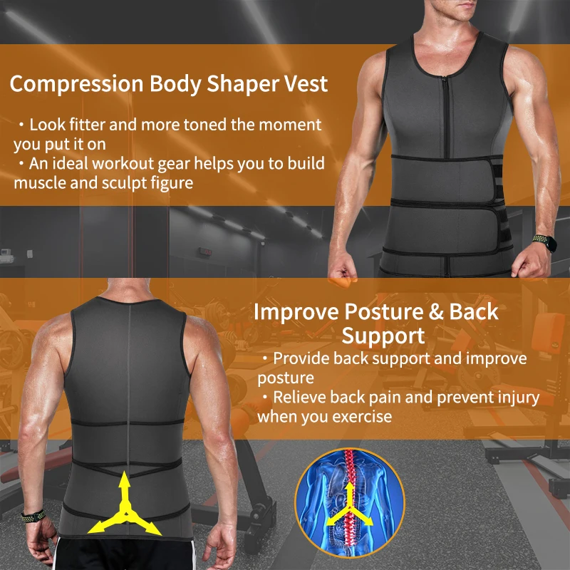 Neoprene Sweat Vest for Men Waist Trainer Vest Adjustable Workout Body Shaper with Double Zipper for Sauna Suit for Men