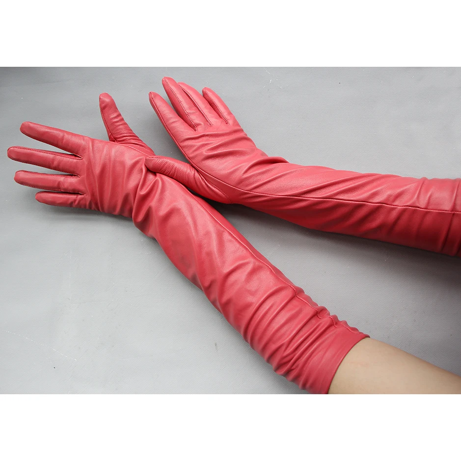 Women Real Leather Long Gloves Full Fingers Winter Warm Elbow Gloves Outdoors Long Sheepskin Rose Red Mittens Wine Red Party