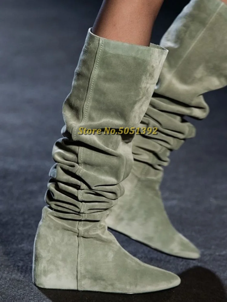 Slouchy Knee High Boots Suede Wedges Height Increase Slip On Winter Boots Outfit Pointed Toe Comfy Winter Boots Pleated Ladies