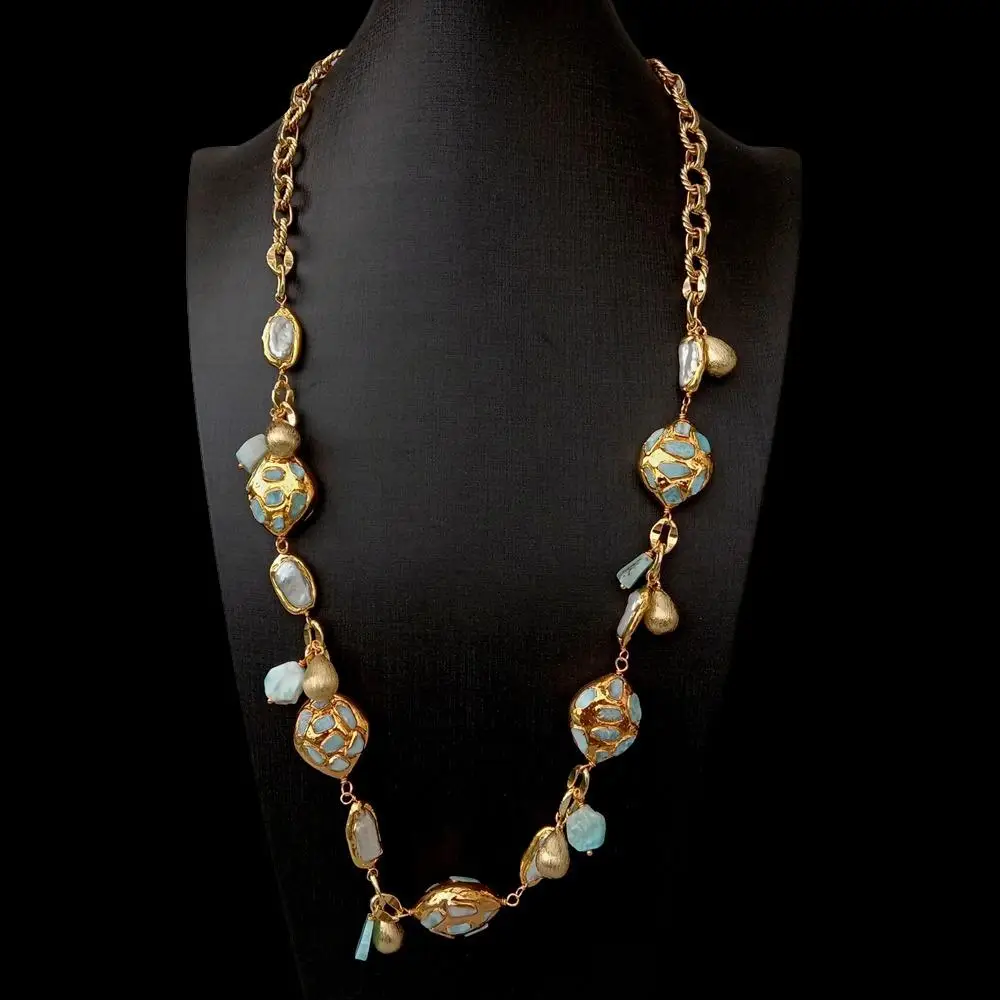 

Y·YING natural Cultured White Biwa Pearl Blue Larimar pave Gold Plated Chain Long Necklace 30"
