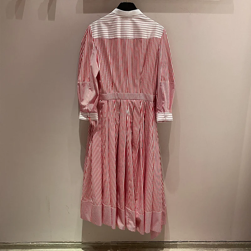 

Female Cotton Stand Collar Pullover Dress Seven Quarter Sleeve Striped Spliced Spring Mixed Color Women Fit Mid-Length Dress