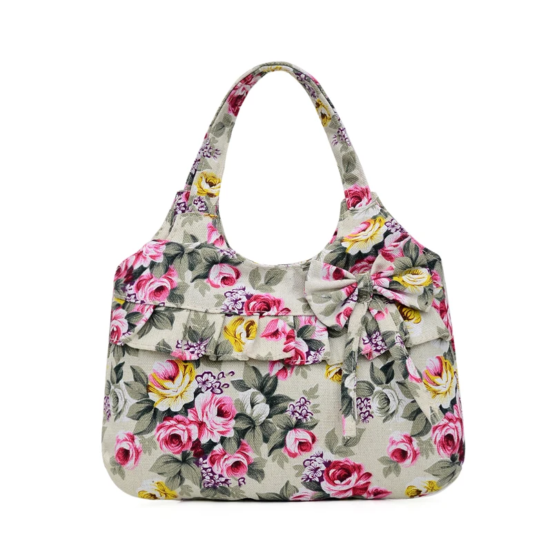 Retro Women Canvas Handbag Bow Shoulder Bag Female Flower Printed Fashion Small Canvas Bag Mobile Phone Bag Coin Purse Mini Bag