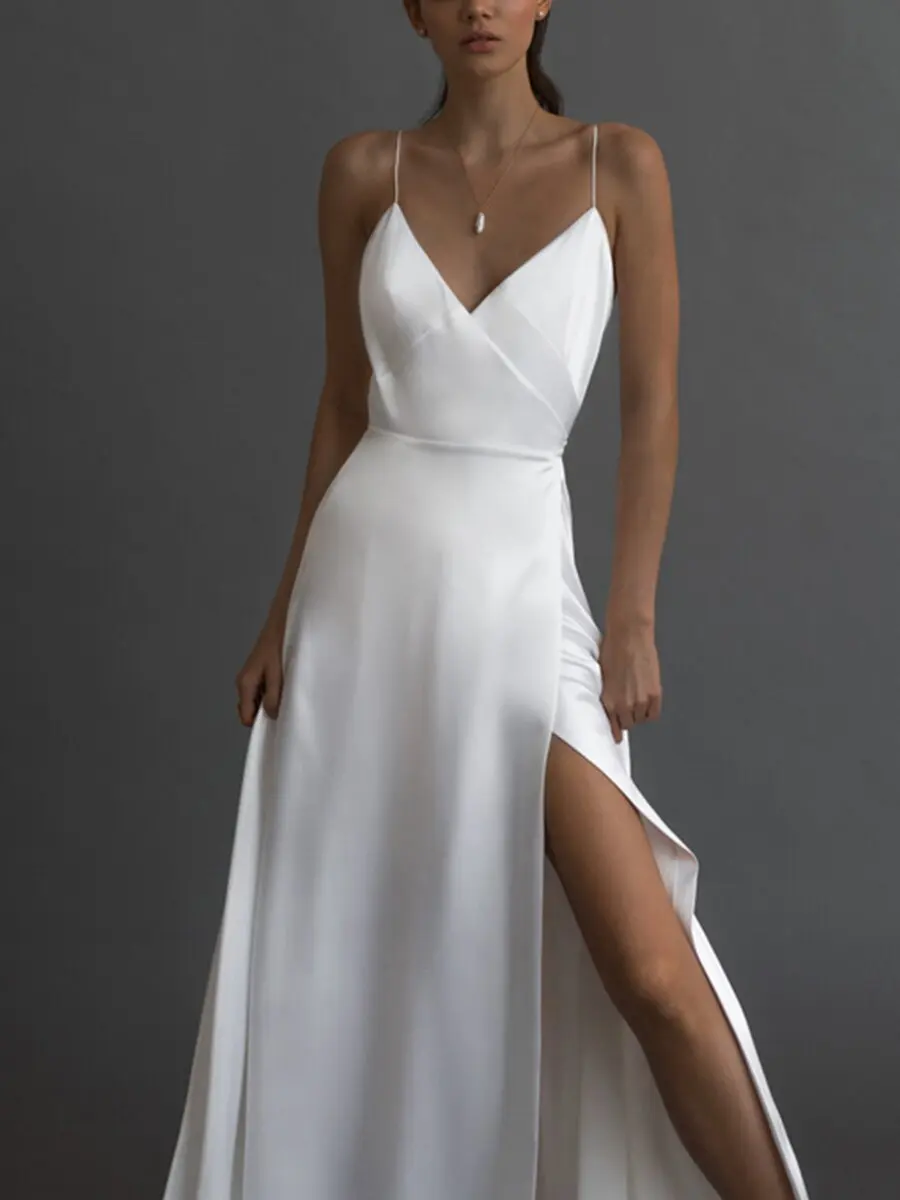 Abiti da sposa da spiaggia A-line spalline fessura in Chiffon Backless Boho abito da sposa abito da sposa Vestido De Noiva