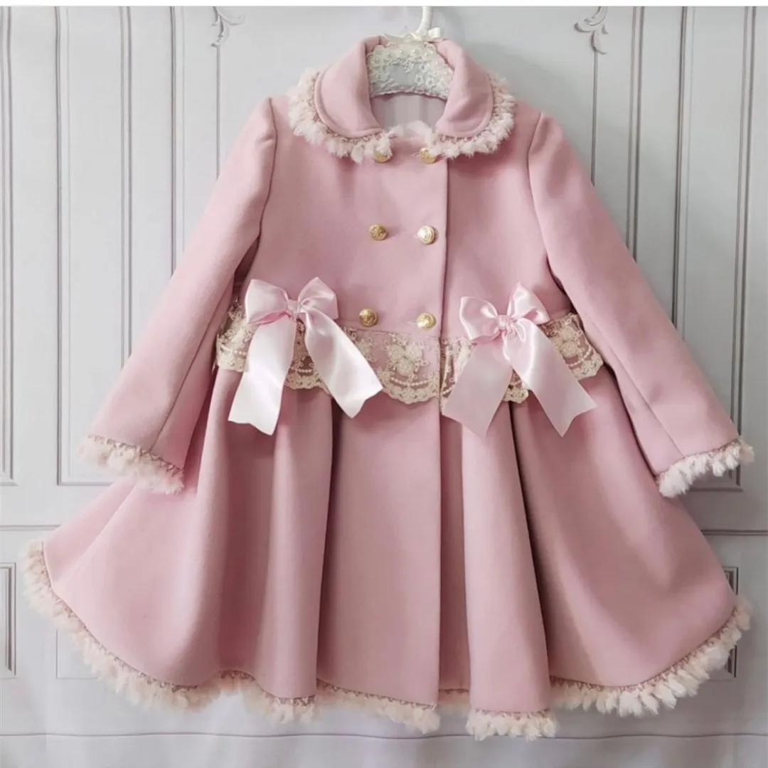 1-12Y Baby Girl Autumn Winter Handmand Customized Palace England Spanish Pink Princess Wool Lace Coat for Casual