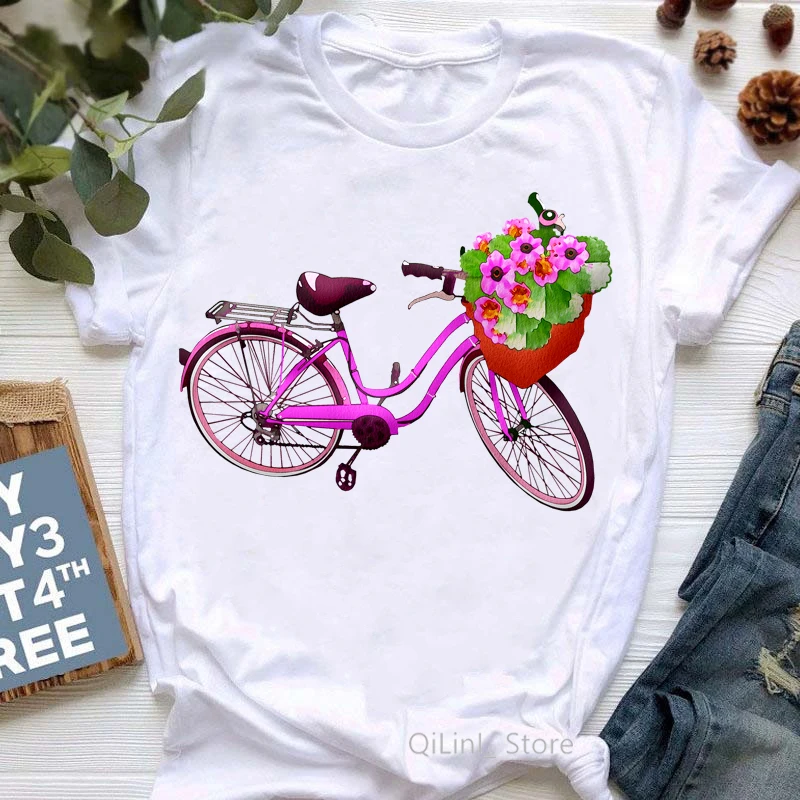 

Bicycle T-Shirt Women'S Clothing Funny Tshirt Femme Summer Fashion Tops Tee Shirt Female White Casual T Shirt