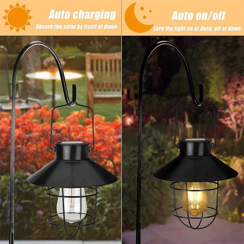 Solar Outdoor Lights Hanging Vintage Waterproof Solar Metal Lantern Lamp with Handle Dison Retro Lantern For Garden Yard Porch