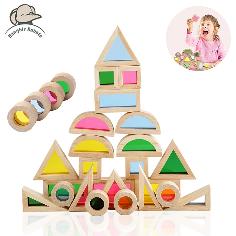 Wooden Rainbow Stacking Blocks for Kids Montessori Educational Toys Creative Construction Building Toys Early Learning Toy Gifts