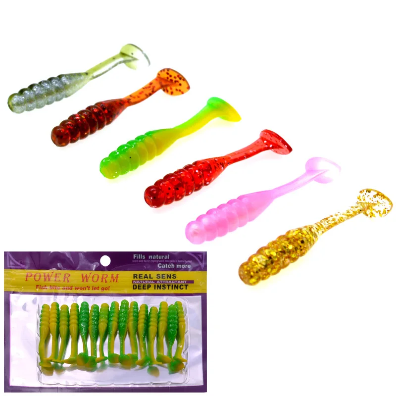 Fishing Lure Screw T Tail Grub 15 Pieces Bag Dual Color Fish Soft Bait Artificial Worm Lures 5cm 1.5g