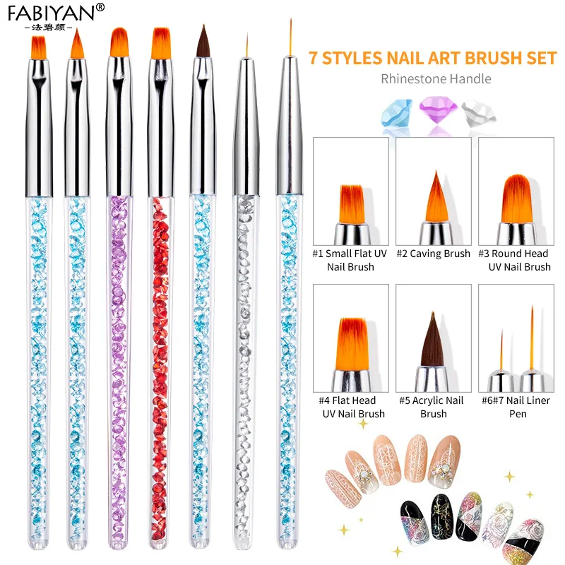 7Pcs Nail Art แปรงวาดภาพวาดปากกาพัดลมแบน Gradient Liner Acrylic UV เจลเคล็ดลับคริสตัลเล็บเครื่องมือ