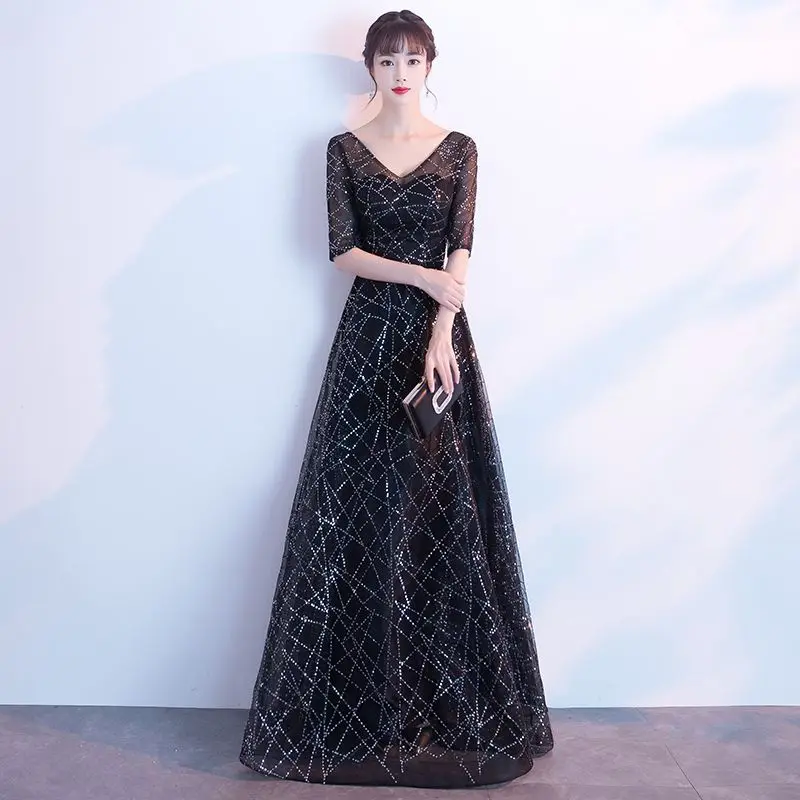 

Black sequin elegant half sleeves vestidos de fiesta de noche prom party Evening Dresses robe de soiree V-neck 2020 new