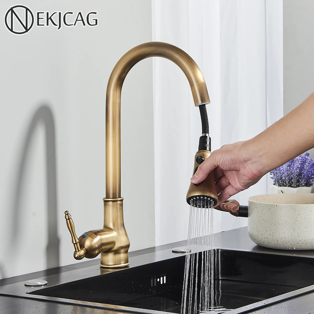 Nekjcag Antique Brass Kitchen Faucet Deck Mounted Single Handle Hot Cold Water Mixer Tap Pull Down Spout Spray Sink Crane