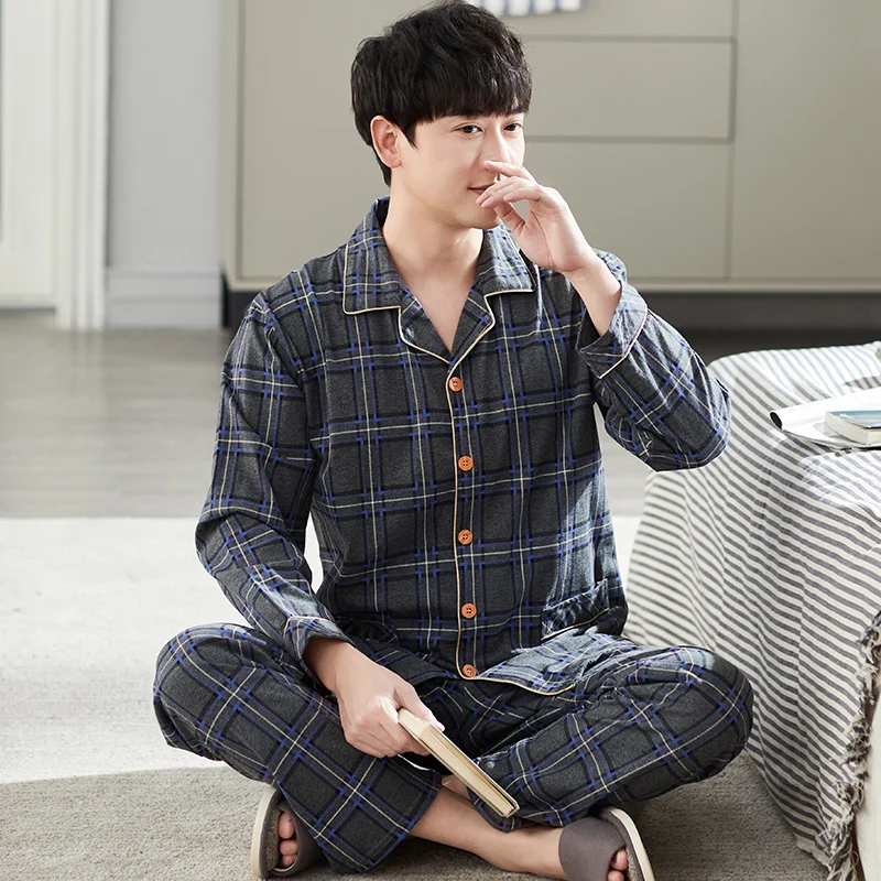 남성용 풀코튼 파자마 세트, 긴팔 프린트, 가을 잠옷, 칼라, 투피스, 4XL, 봄
