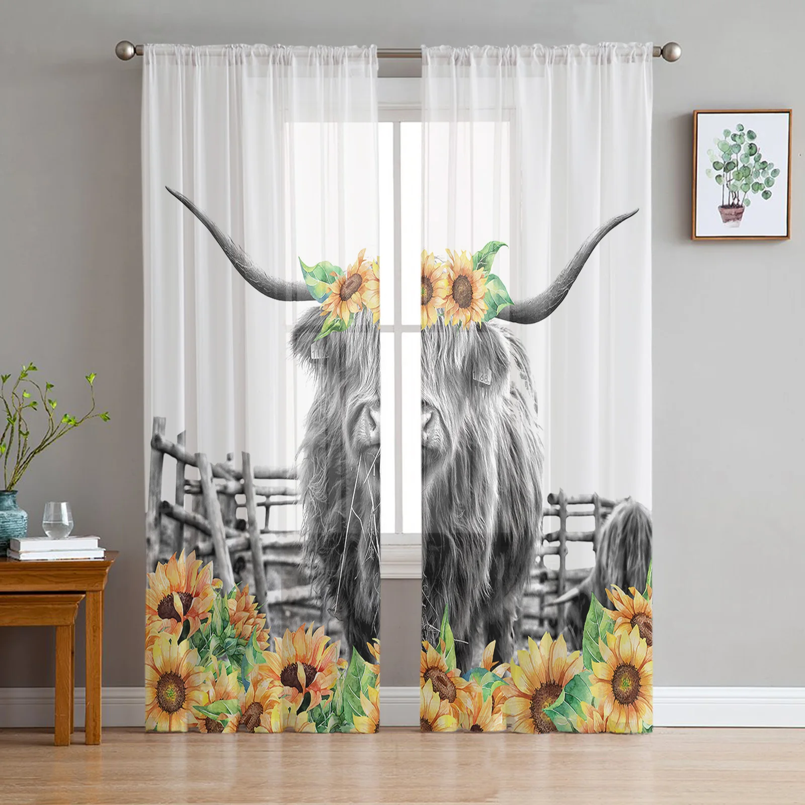 

Sunflower Black And White Yak Sheer Curtains for Living Room Bedroom Balcony Simple Printed Tulle Curtains