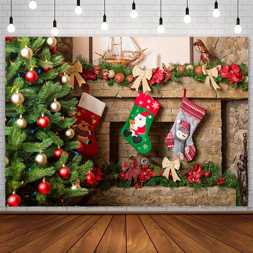 Avezano Photography Backdground Winter Christmas Tree Sock Gold Bow Brick Wall Newborn Kids Family Holiday Backdrop Photo Studio