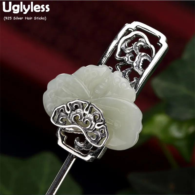 

Uglyless Antique Retro Natural Jade Jasper Butterfly Hair Decorations for Women 925 Silver Pins Hair Sticks Thai Silver Insects