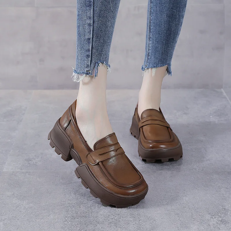 

Spring and Autumn First Layer Leather Lazy Shoes Women Thick-soled Single Shoes Women's Shoes British One-step Loafers