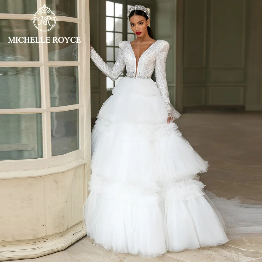 Michelle Royce A-Ling Wedding Dresses 2024 V-Neckline Long Sleeve Appliques Tiered Chapel Train Bridal Gowns Vestido De Noiva