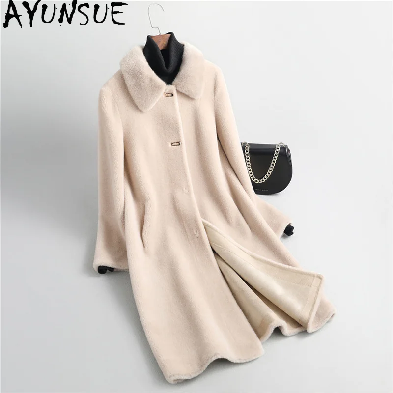 

AYUNSUE 2021 100% Real Mink Fur Collar Wool Coat Female Autumn Winter Elegant Sheep Shearing Jacket Women Casaco Feminino Gxy573