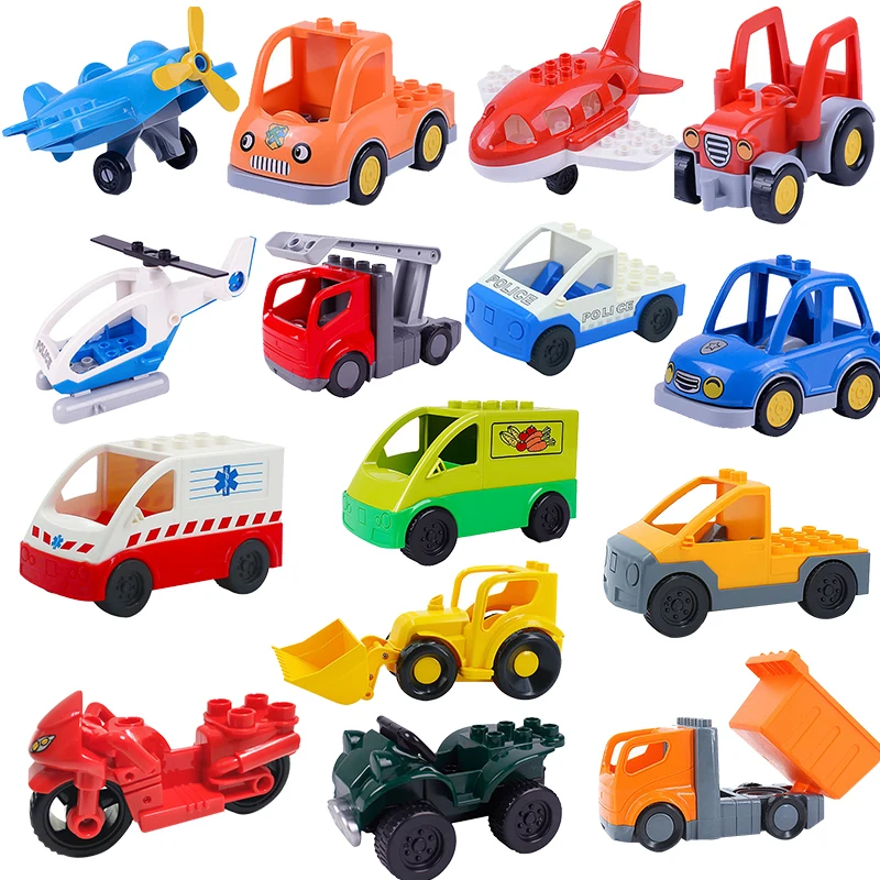 Motorcycle Forklift Tractor Police Airplane Sports Car Fire Truck Big Size Building Blocks DIY City Construction Bricks Toys