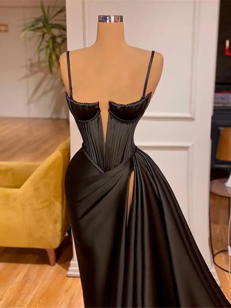 Robe de Rhsirène longue en satin plissé noir sexy, robe de gala de soirée, robe de soirée formelle, occasion de mariage, 2021