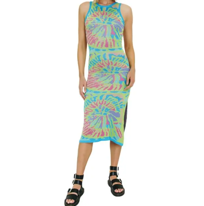 

Women Summer Knit Dress Adults Sleeveless Color Block Round Neck Slit